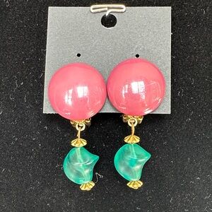 Vintage Les Bernard Gold-Tone Clip-On Earrings with Pink Domes & Teal Drops